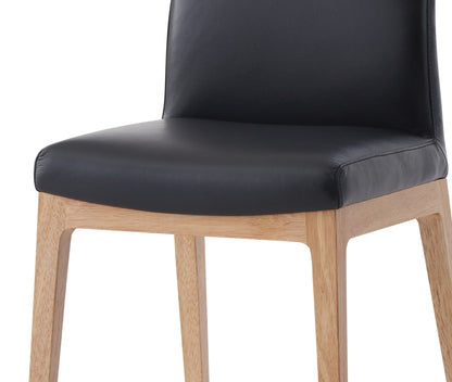 The image displays the Raquan - Leather Side Chair (Set of 2) - Black Pu, showing its black cushioned seat and backrest with light wooden legs and frame, photographed at an angle focusing on the lower half.