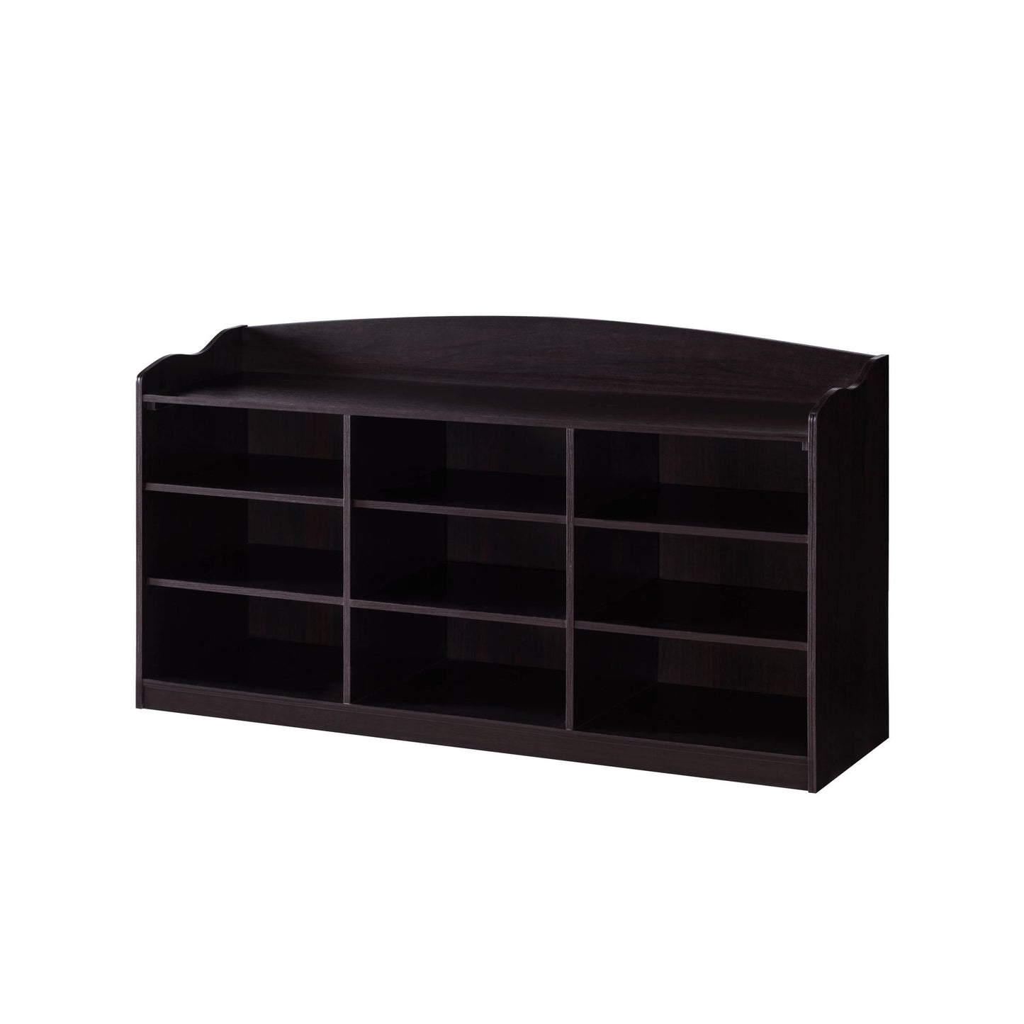 The Entryway Shoe Storage Bench features nine storage shelves and a gently curved backrest, offering stylish entryway organization in dark wood, shown against a white background.