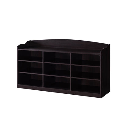 The Entryway Shoe Storage Bench features nine storage shelves and a gently curved backrest, offering stylish entryway organization in dark wood, shown against a white background.