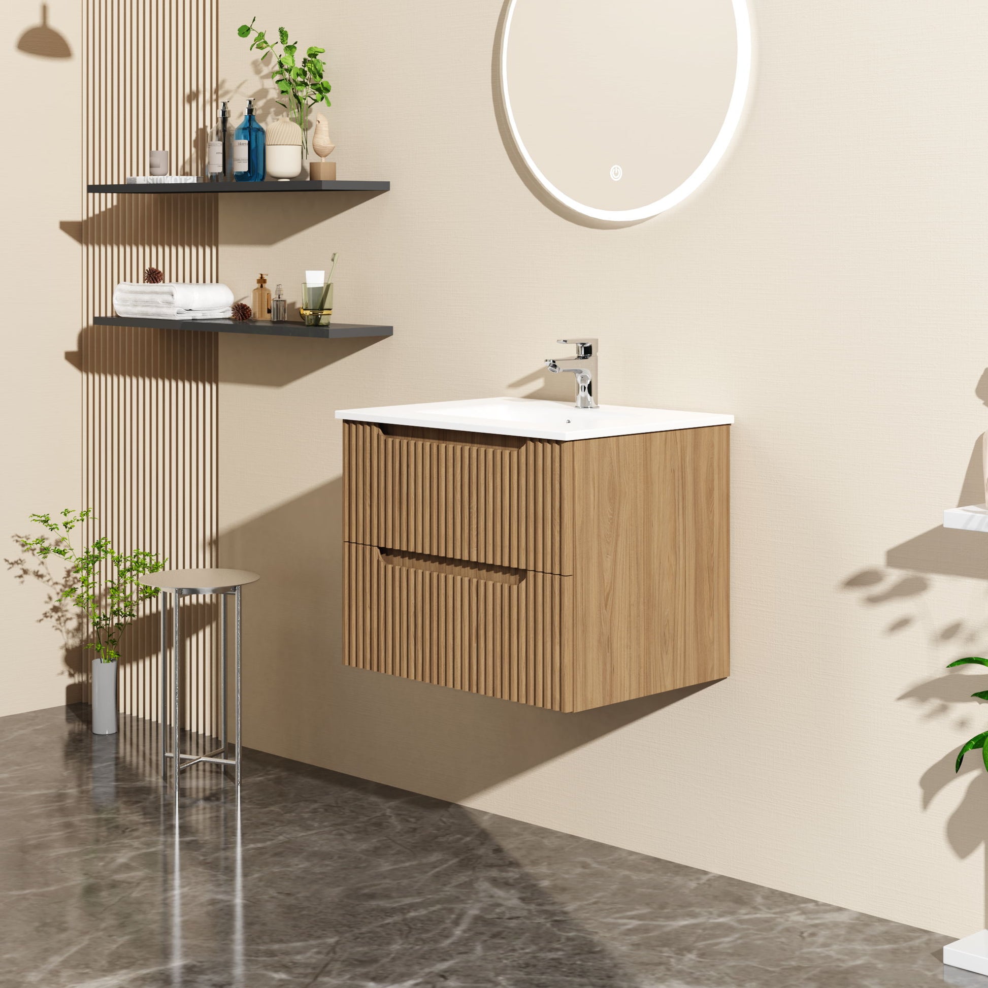 Modern bathroom with a 24" Walnut wall-mount floating vanity cabinet, white sink, round backlit mirror, wall shelves for toiletries and plants, gray marble flooring, and minimalist decor in neutral tones.