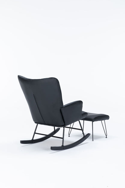 The Rocking Accent Chair With Lumbar Pillow and Ottoman features a modern black leather look, slender metal legs, and minimalist design, both pieces set against a plain white background.