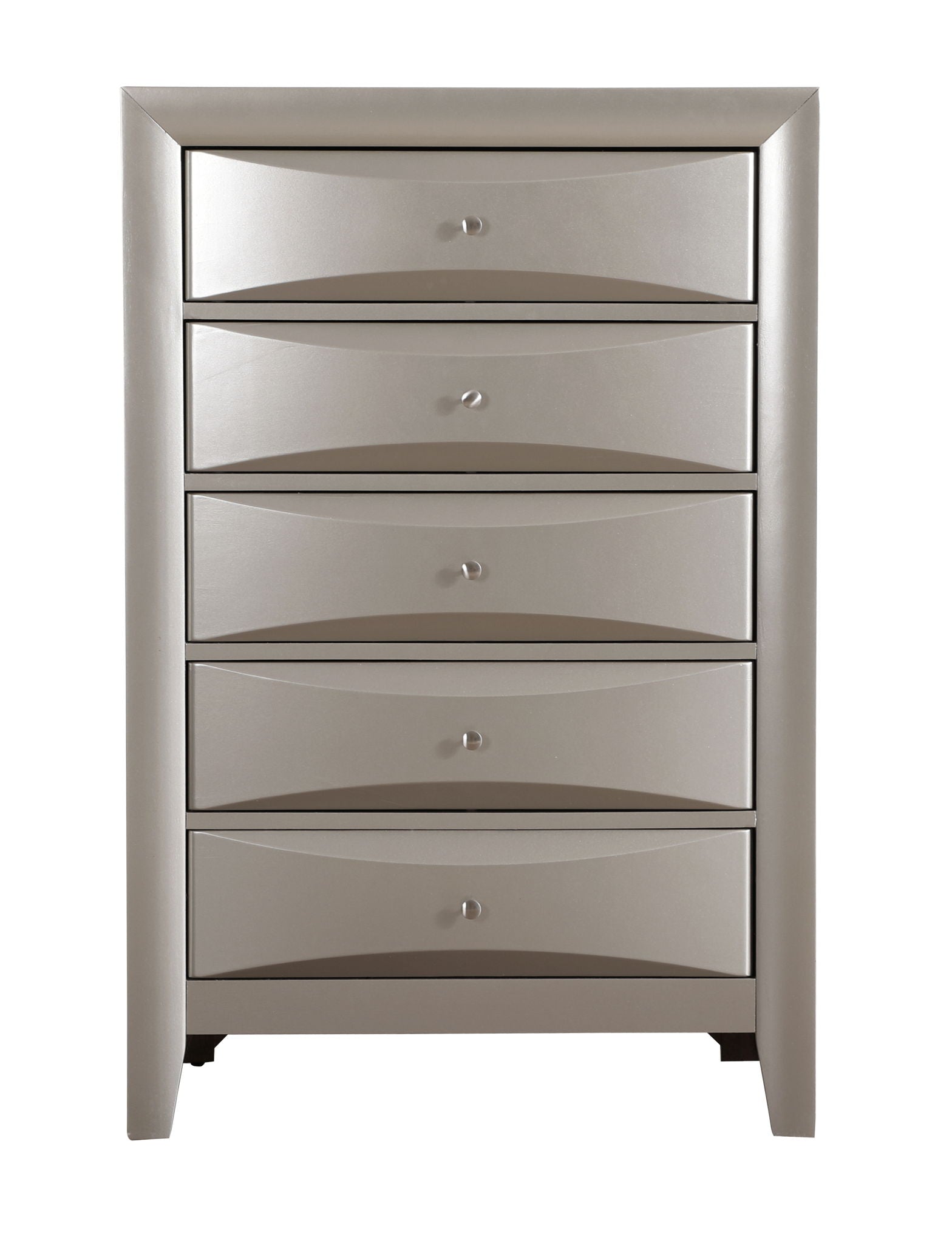 The Marilla - Chest is a tall, modern silver dresser featuring five drawers with small round silver knobs and gently curved drawer fronts.