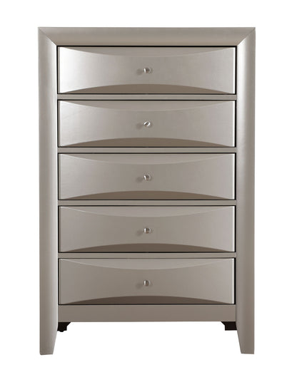 The Marilla - Chest is a tall, modern silver dresser featuring five drawers with small round silver knobs and gently curved drawer fronts.