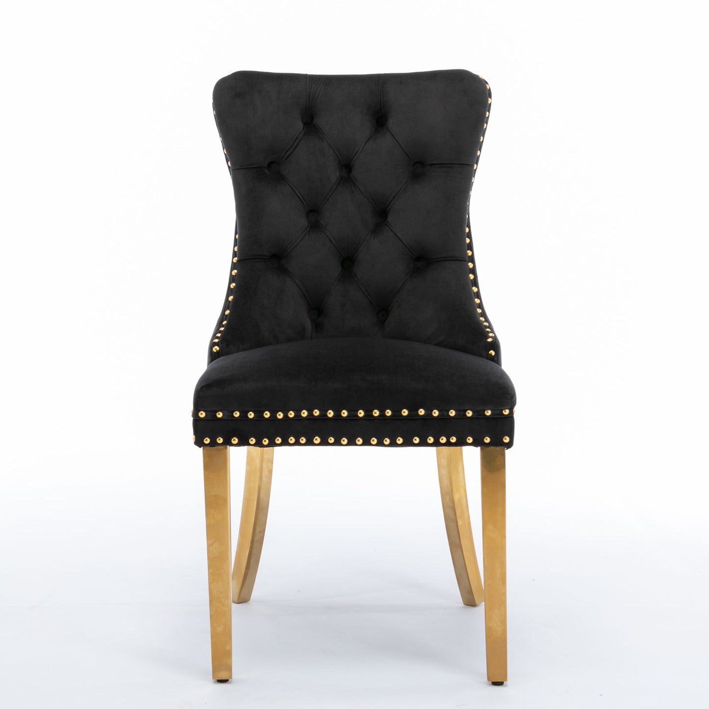The Nikki set features modern, high-end tufted velvet dining chairs with nailhead trim and golden stainless steel plating legs, offering contemporary style and solid wood construction. Set of 2, shown against a white background.