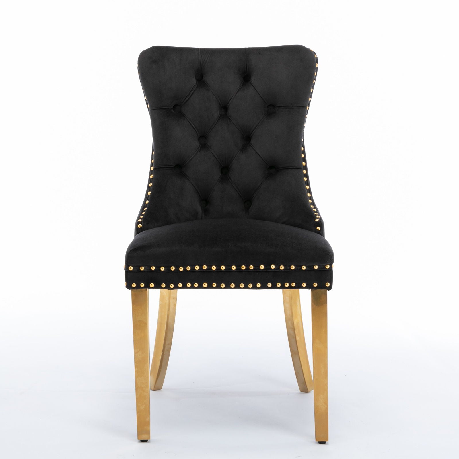 The Nikki set features modern, high-end tufted velvet dining chairs with nailhead trim and golden stainless steel plating legs, offering contemporary style and solid wood construction. Set of 2, shown against a white background.