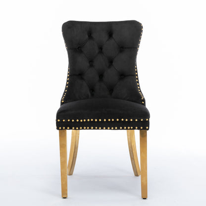 The Nikki set features modern, high-end tufted velvet dining chairs with nailhead trim and golden stainless steel plating legs, offering contemporary style and solid wood construction. Set of 2, shown against a white background.