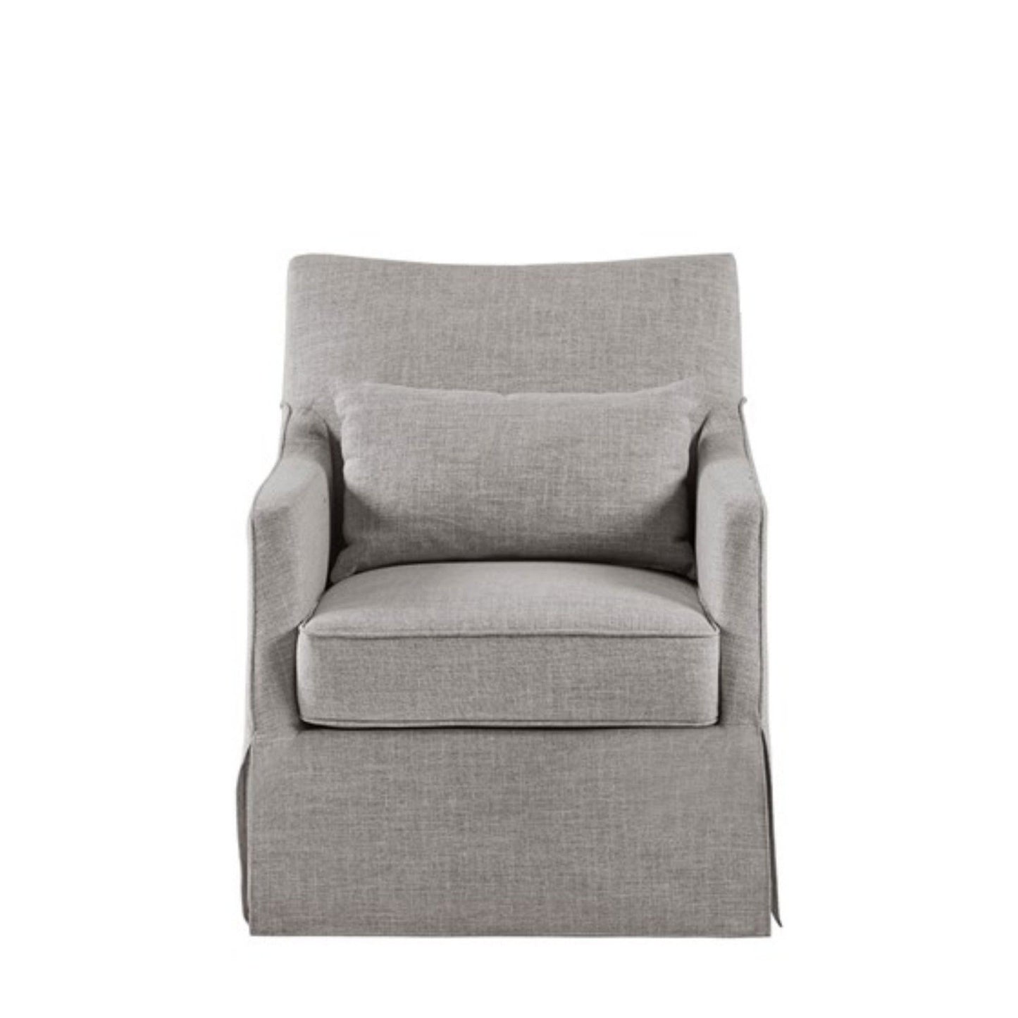 A front-facing view of the Traditional Design London Skirted Swivel Chair, featuring modern light gray upholstery, a matching rectangular back cushion, and straight, clean lines.