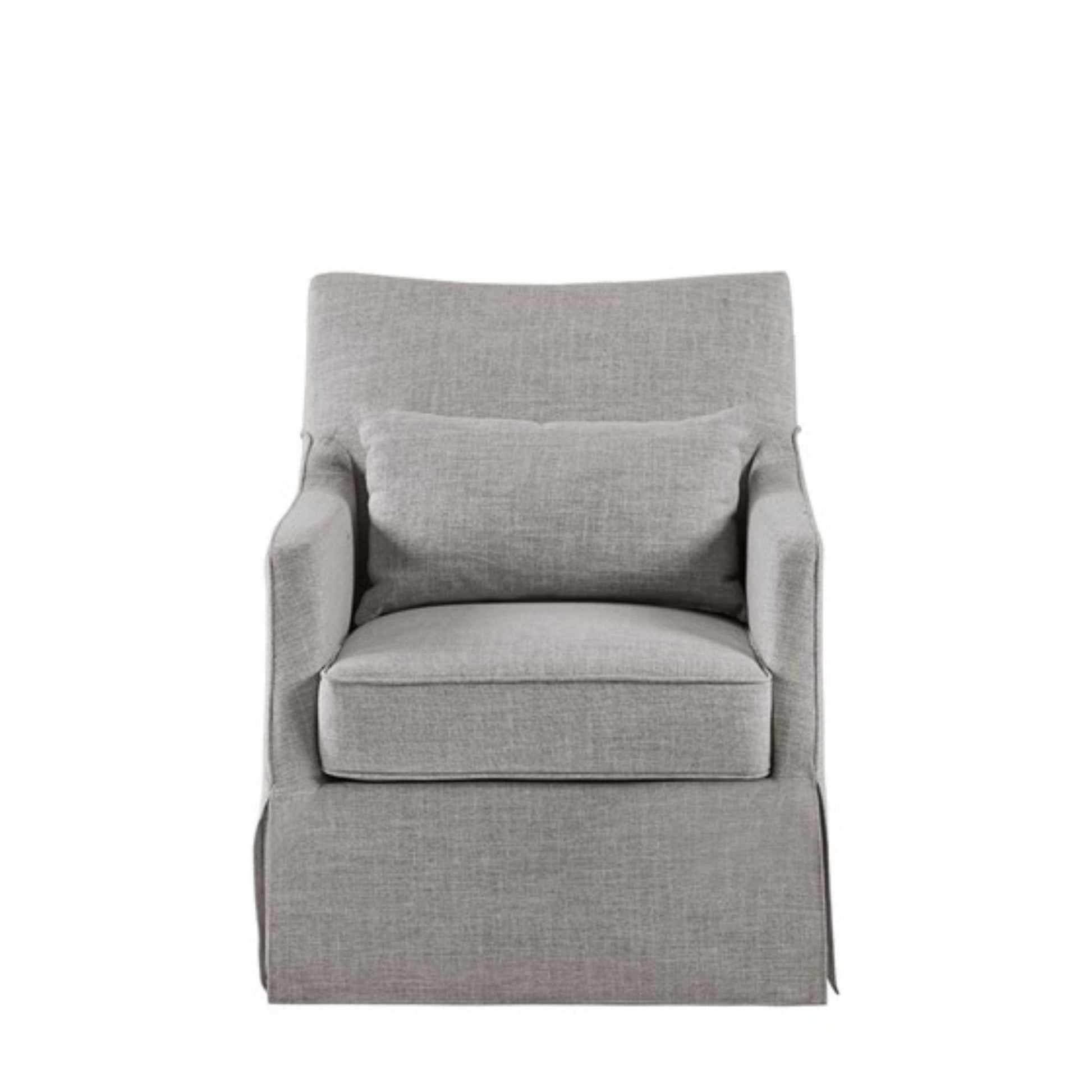 A front-facing view of the Traditional Design London Skirted Swivel Chair, featuring modern light gray upholstery, a matching rectangular back cushion, and straight, clean lines.