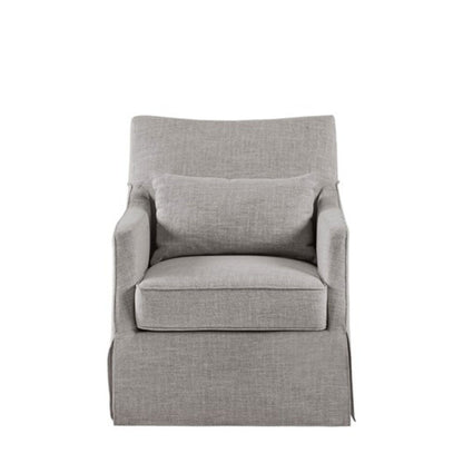A front-facing view of the Traditional Design London Skirted Swivel Chair, featuring modern light gray upholstery, a matching rectangular back cushion, and straight, clean lines.