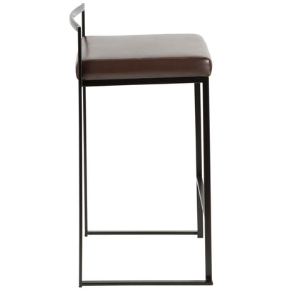 Side view of the Fuji Contemporary Style Stackable Counter Stool, featuring a slim black metal frame, brown cushioned seat, and minimalist design with a low curved back support.