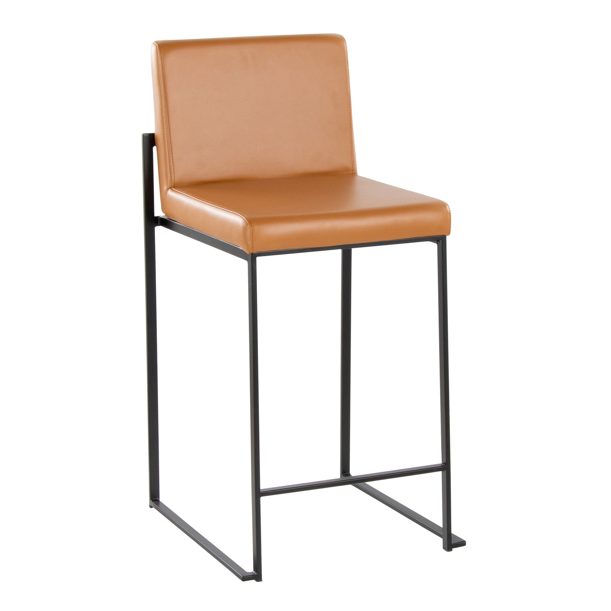 The Fuji Contemporary High Back Barstool features an elegant design with a tan faux leather cushioned seat and backrest, paired with a minimalist black metal frame and sled-style legs.