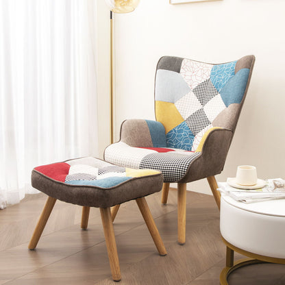 The Accent Chair With Ottoman, a comfy side armchair set with creative colorful splicing cloth, sits on a wooden floor by sheer curtains, paired with a round white table holding a teacup and book.
