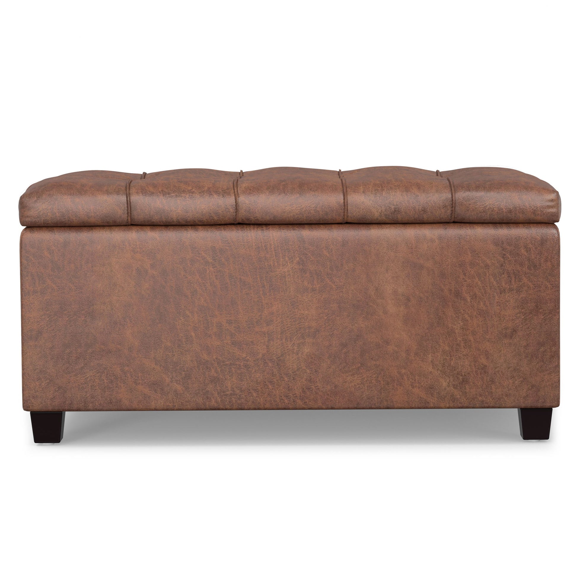 The Sienna Upholstered Storage Ottoman Bench features brown leather with a slightly distressed, vintage look, a rectangular shape, short black legs, and a cushioned hinged lid for convenient storage.