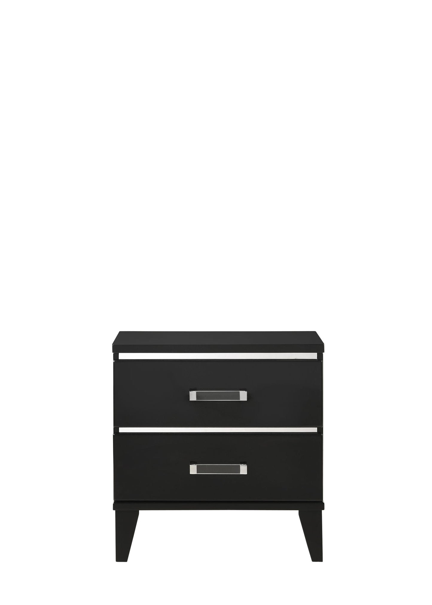 The Chelsie Nightstand in black features a modern, minimalist design with two drawers, each accented by a horizontal silver handle, and stands on tapered legs.