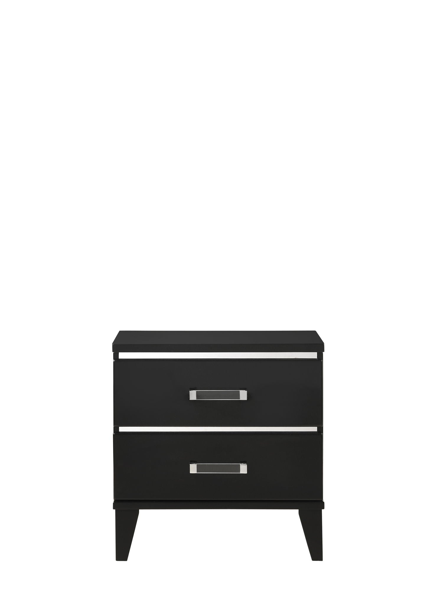 The Chelsie Nightstand in black features a modern, minimalist design with two drawers, each accented by a horizontal silver handle, and stands on tapered legs.