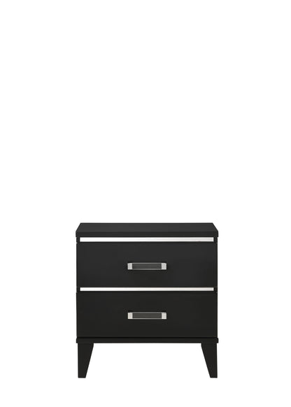 The Chelsie Nightstand in black features a modern, minimalist design with two drawers, each accented by a horizontal silver handle, and stands on tapered legs.