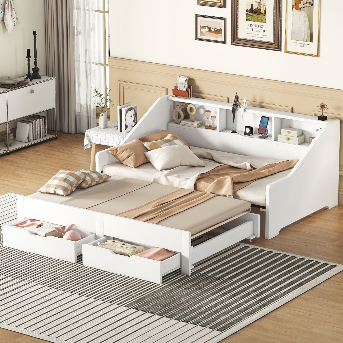 Daybed Frame With Storage Bookcases, 2 Drawers, Charging Station