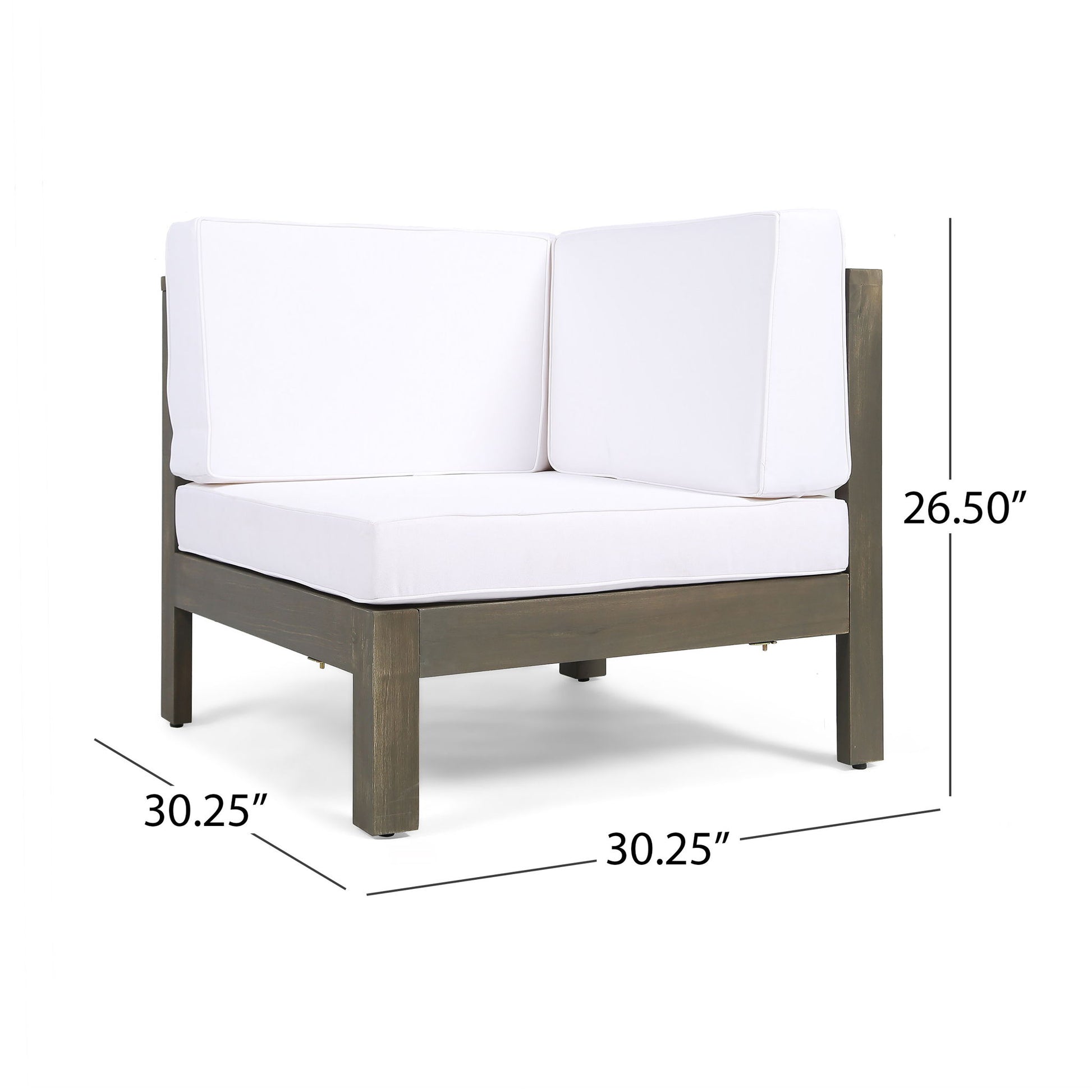 Oana Arm Chair featuring white cushions and a dark wooden frame; measures 30.25" W x 30.25" D x 26.5" H, with dimensions indicated by lines and numbers.