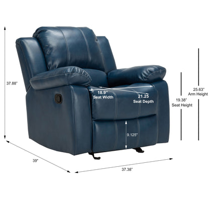 The Charlotte Glider Recliner With Classic Style features blue leather, padded arms and back. Dimensions: 37.88"H x 39"D x 37.38"W; seat depth 21.25", seat width 18.9", arm height 25.63", seat height 19.38".