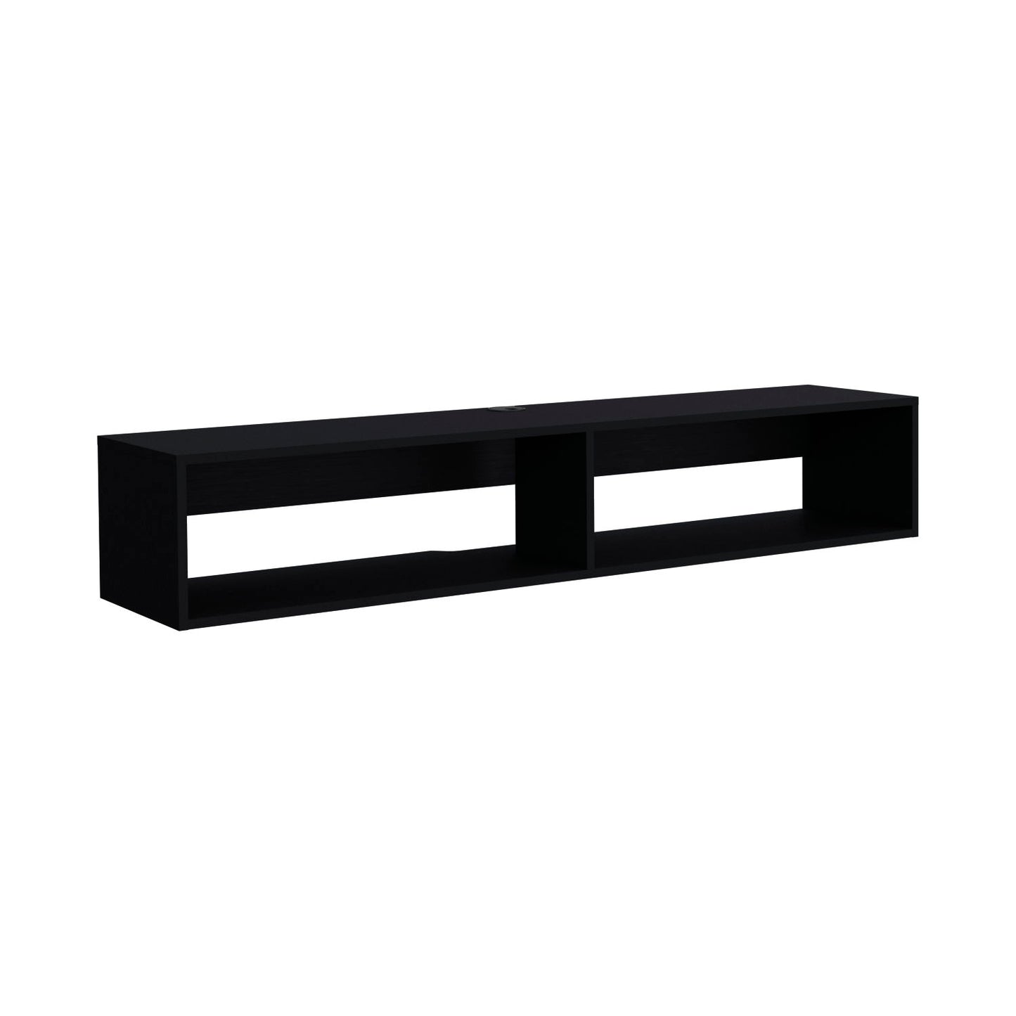 The Moore - Floating TV Stand is a modern black rectangular wall-mounted shelf with two open compartments for storage or display, shown against a plain white background.