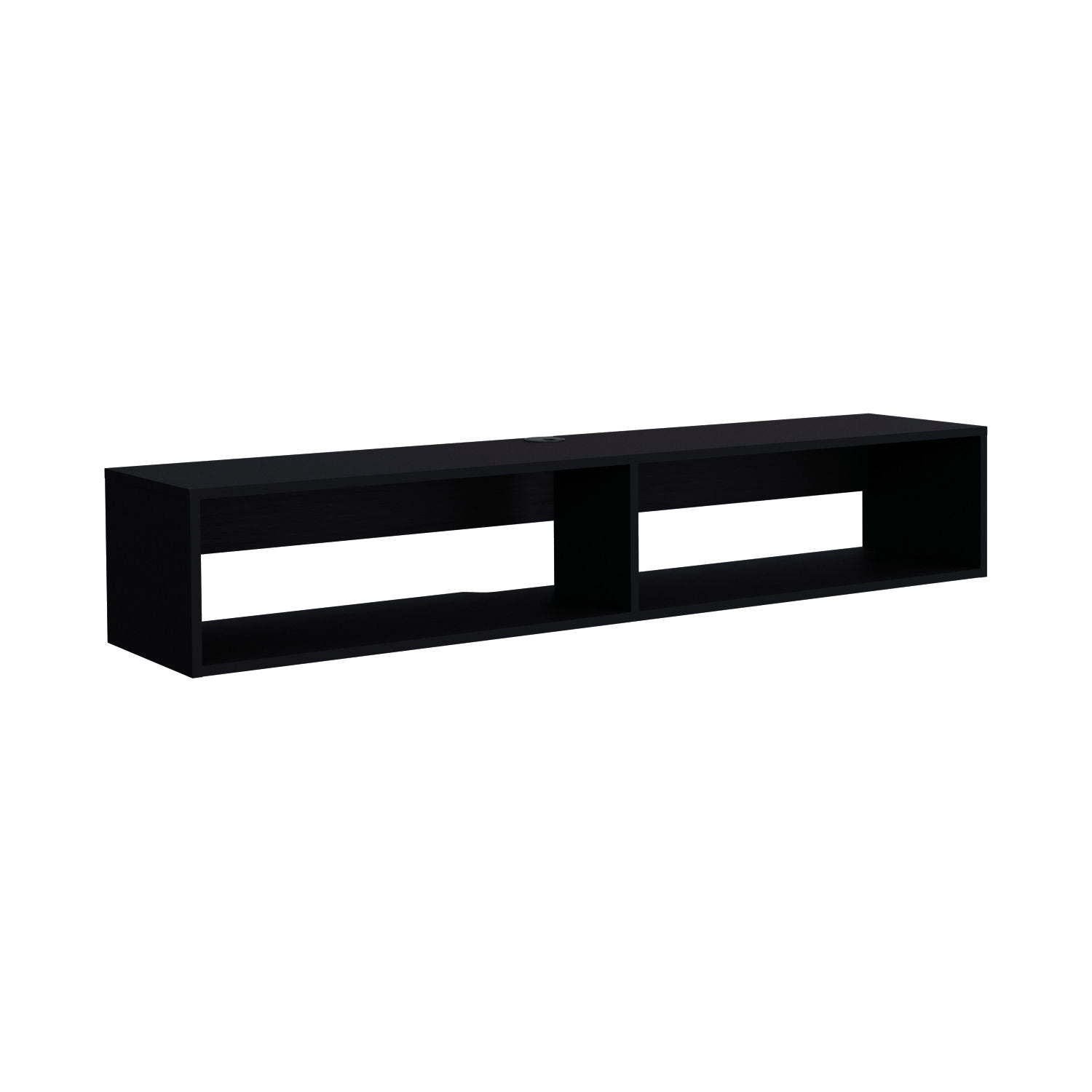 The Moore - Floating TV Stand is a modern black rectangular wall-mounted shelf with two open compartments for storage or display, shown against a plain white background.