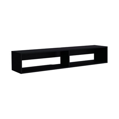 The Moore - Floating TV Stand is a modern black rectangular wall-mounted shelf with two open compartments for storage or display, shown against a plain white background.