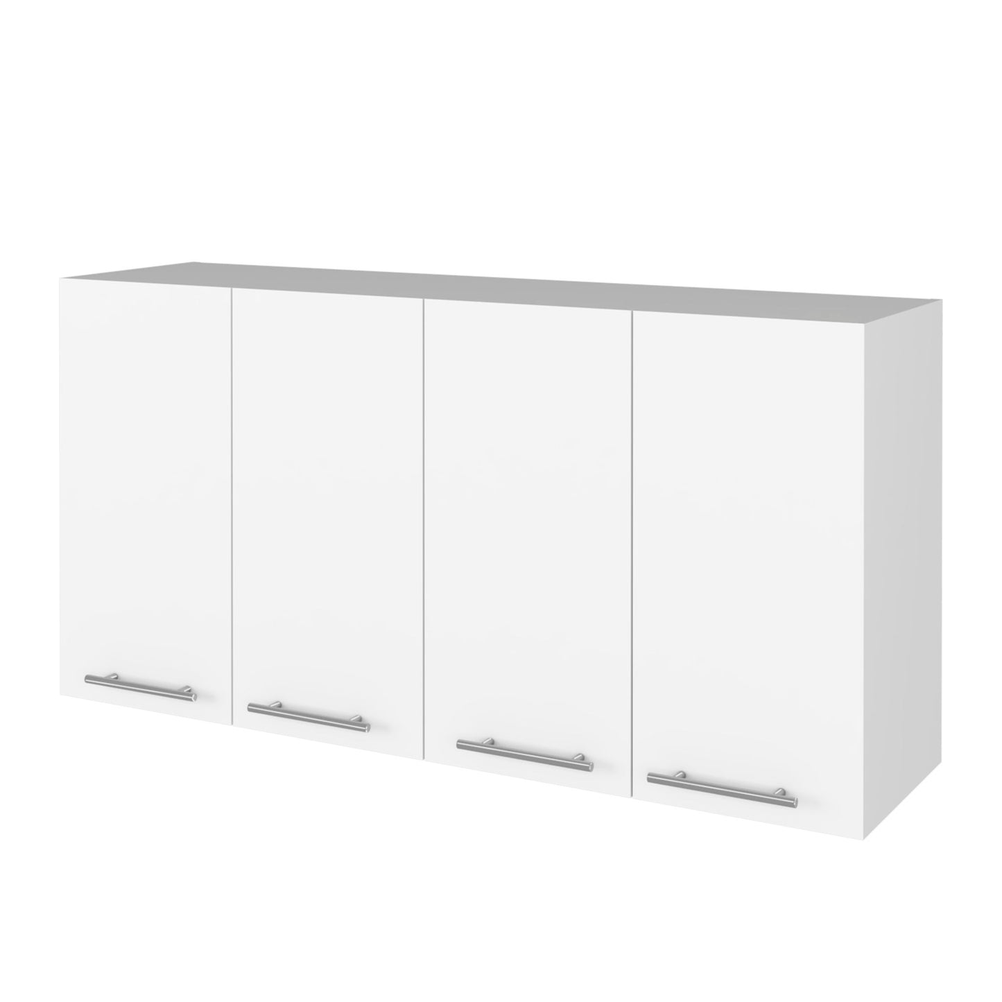 The Kitchen Cabinet Durham Four Doors in white features a wall-mounted design, four doors, and sleek silver horizontal handles, shown against a plain background.
