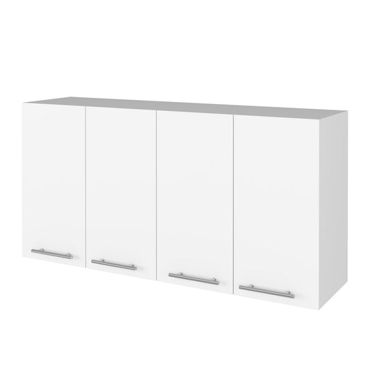 The Kitchen Cabinet Durham Four Doors in white features a wall-mounted design, four doors, and sleek silver horizontal handles, shown against a plain background.