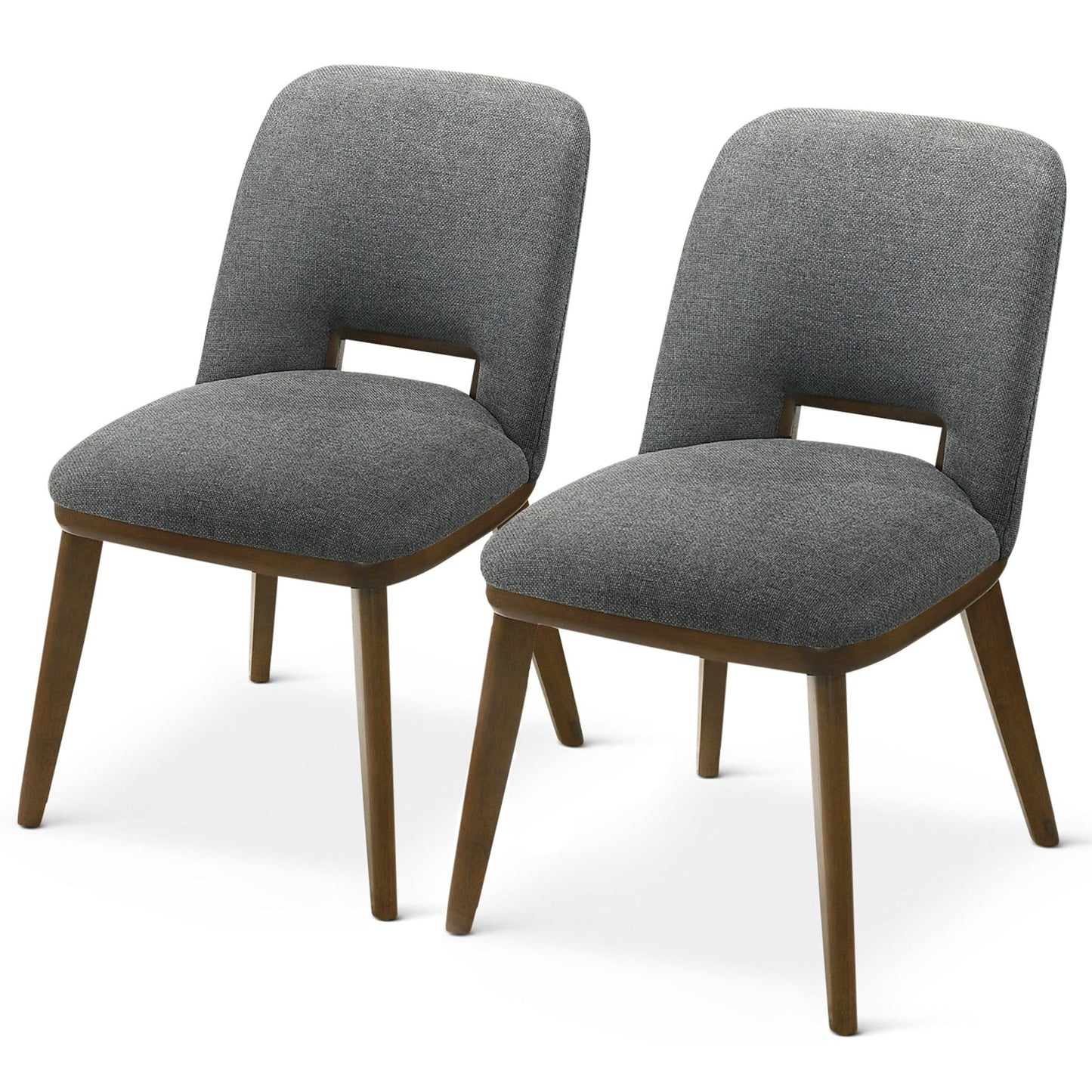 The Blake - Modern Dining Chair (Set of 2) features gray upholstered seats and backs with a small open gap at the base of the backrest, complemented by angled wooden legs in a medium brown finish.