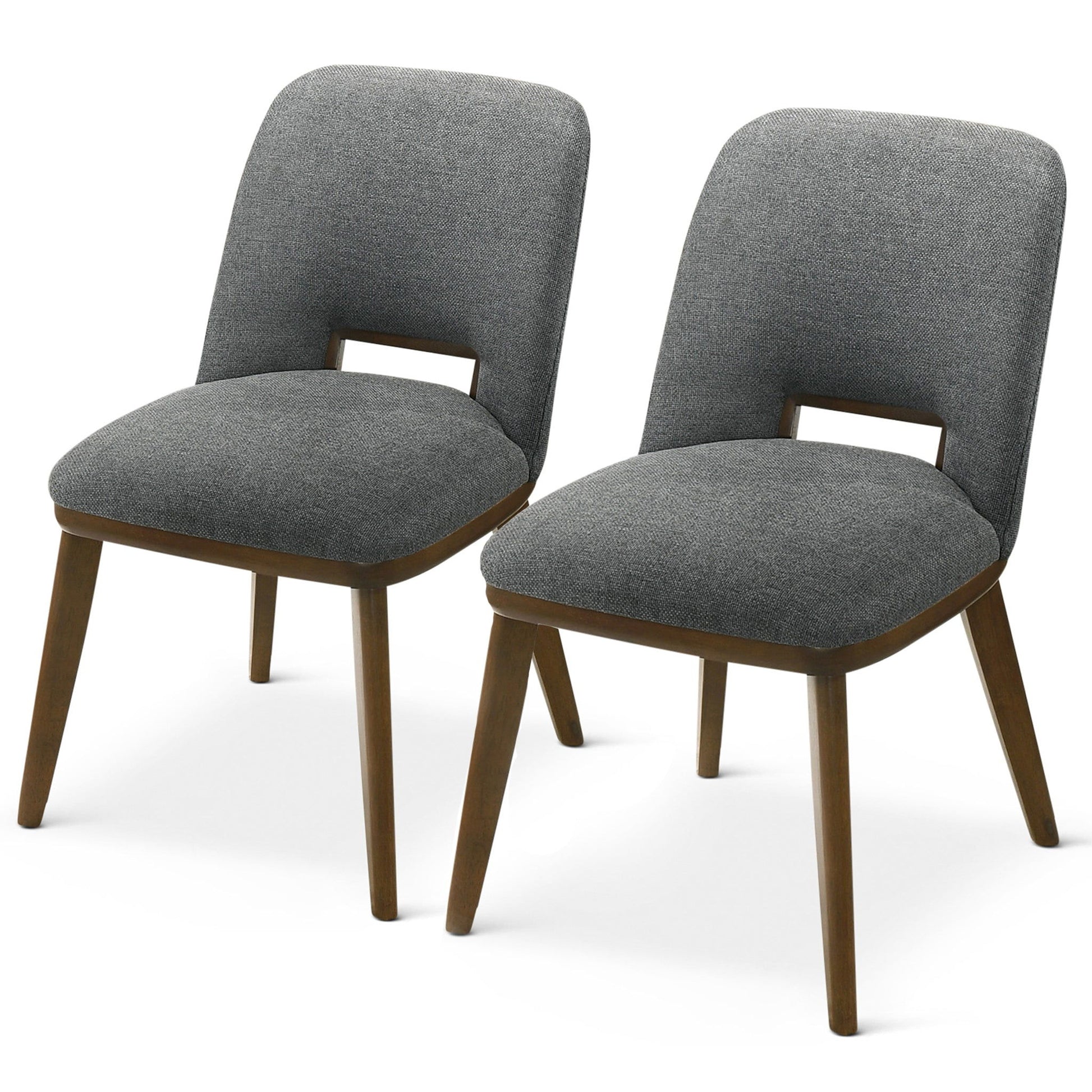 The Blake - Modern Dining Chair (Set of 2) features gray upholstered seats and backs with a small open gap at the base of the backrest, complemented by angled wooden legs in a medium brown finish.