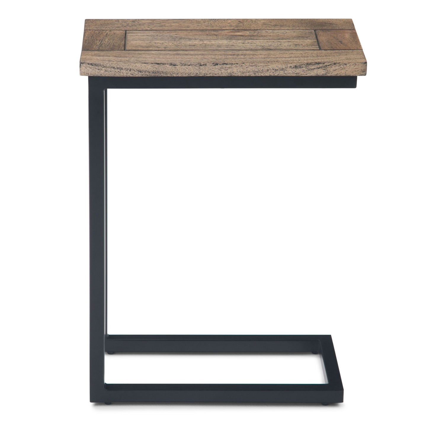 The Skyler - C Side Handcrafted Table features a rectangular wooden top and a black metal C-shaped frame, designed to easily slide under furniture for added convenience.