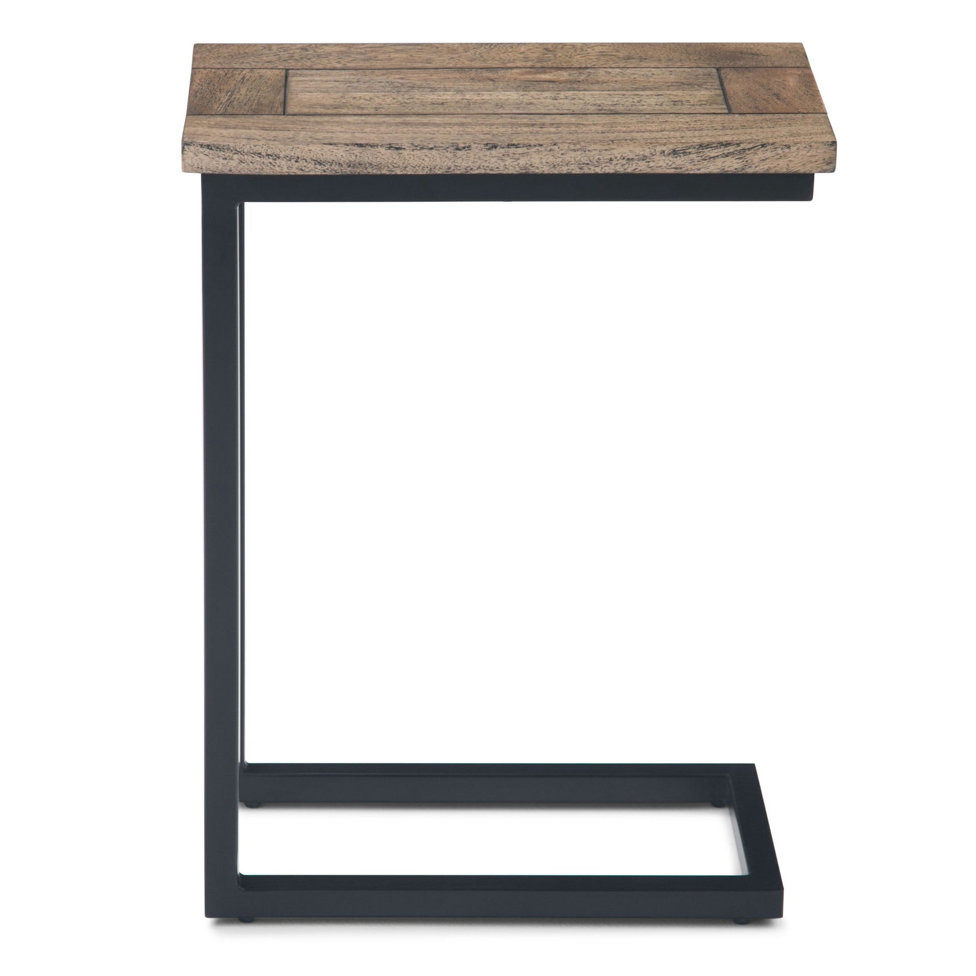 The Skyler - C Side Handcrafted Table features a rectangular wooden top and a black metal C-shaped frame, designed to easily slide under furniture for added convenience.
