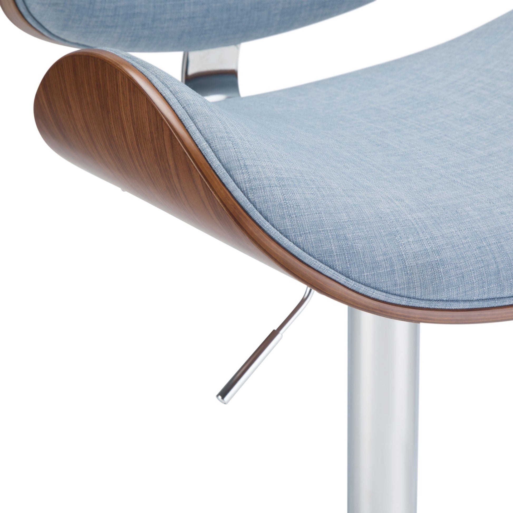 Close-up of the Marana Multifunctional Handcrafted Bentwood Adjustable Swivel Bar Stool, featuring a curved wooden frame, light blue fabric seat, metal height-adjust lever, and a sleek contemporary design.
