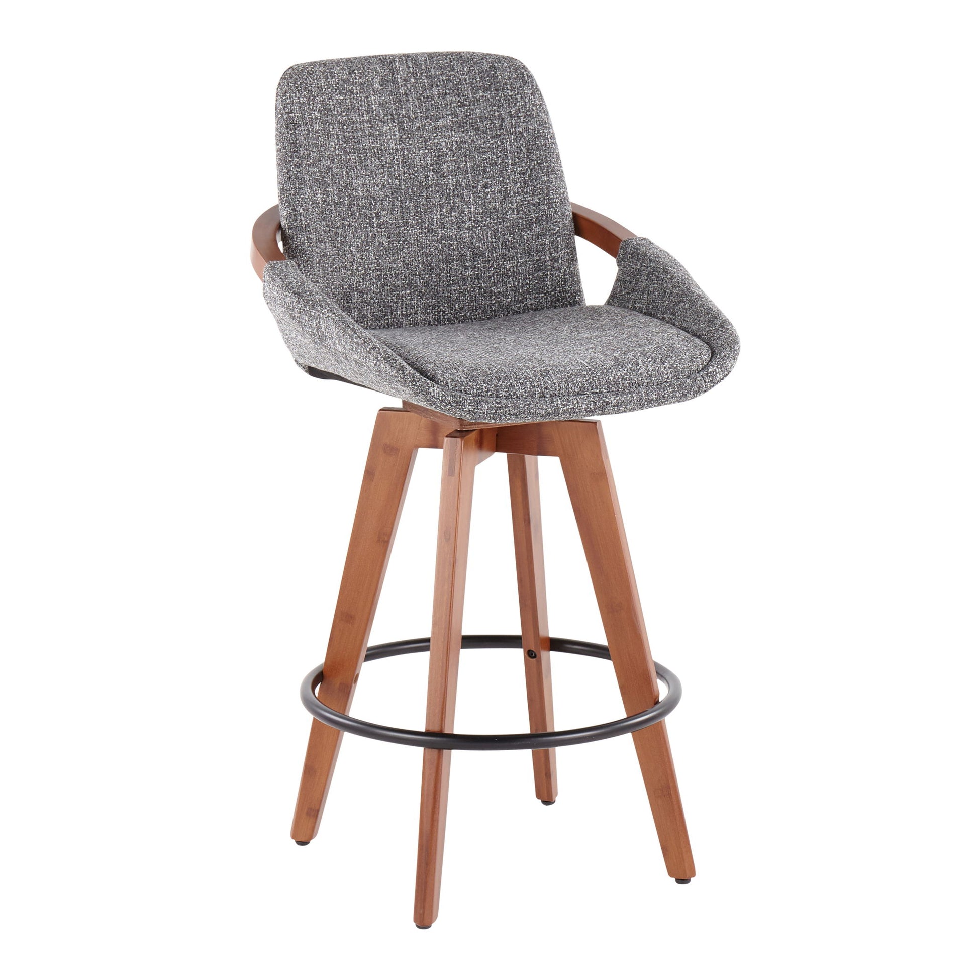 The Cosmo - Mid Century Counter Stool features a gray upholstered seat and backrest, wooden legs, black metal circular footrest, armrests, and a stylish mid-century design.