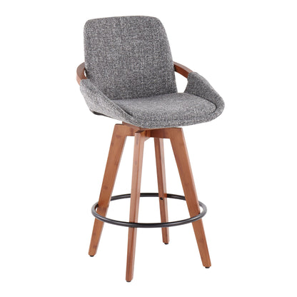 The Cosmo - Mid Century Counter Stool features a gray upholstered seat and backrest, wooden legs, black metal circular footrest, armrests, and a stylish mid-century design.