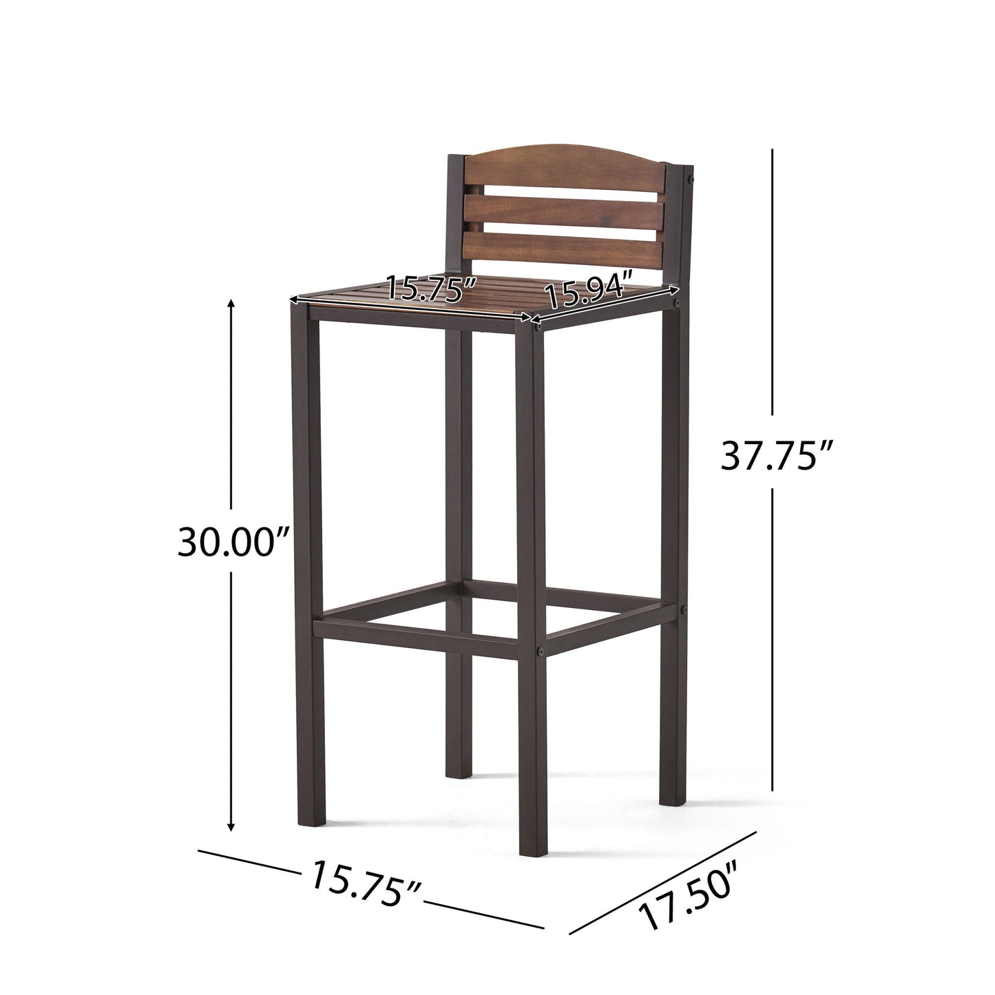 Set of 2 Outdoor Barstools with slat panel design in dark brown, featuring a metal frame, wooden seat and backrest. Dimensions: 37.75"H, seat 30"H x 15.75"W x 15.94"D, overall depth 17.5". Measurements shown on image.