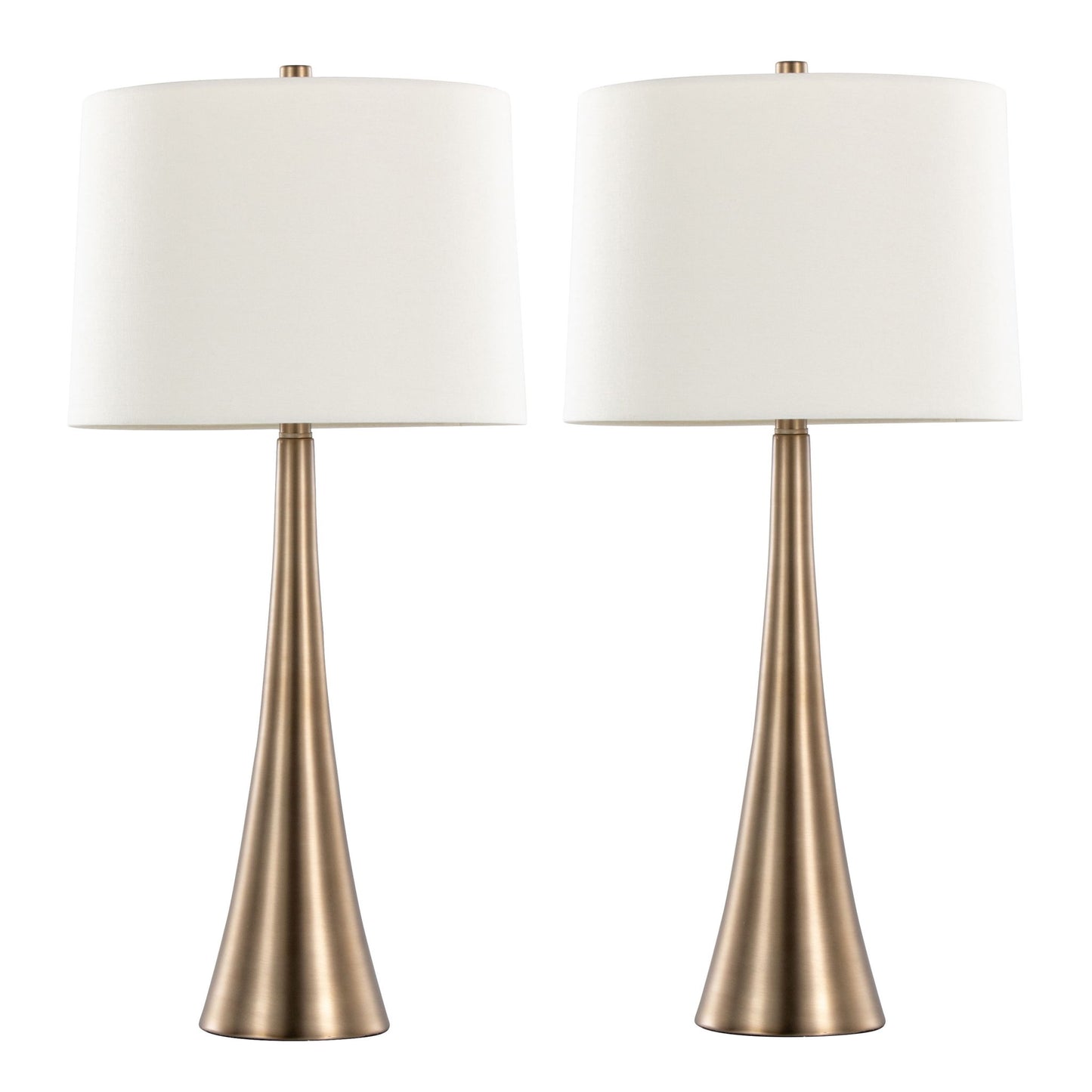 The Diana - Contemporary Table Lamp (Set of 2) features tall, slender brushed gold bases and white cylindrical fabric shades, perfect for modern décor. Shown against a plain white background.