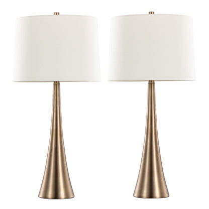 The Diana - Contemporary Table Lamp (Set of 2) features tall, slender brushed gold bases and white cylindrical fabric shades, perfect for modern décor. Shown against a plain white background.