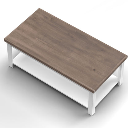 The Hampton Coffee Table in Jasmine Whitewash/Barnwood features a rectangular brown wooden top, white legs, and a lower white shelf, displayed on a white background.
