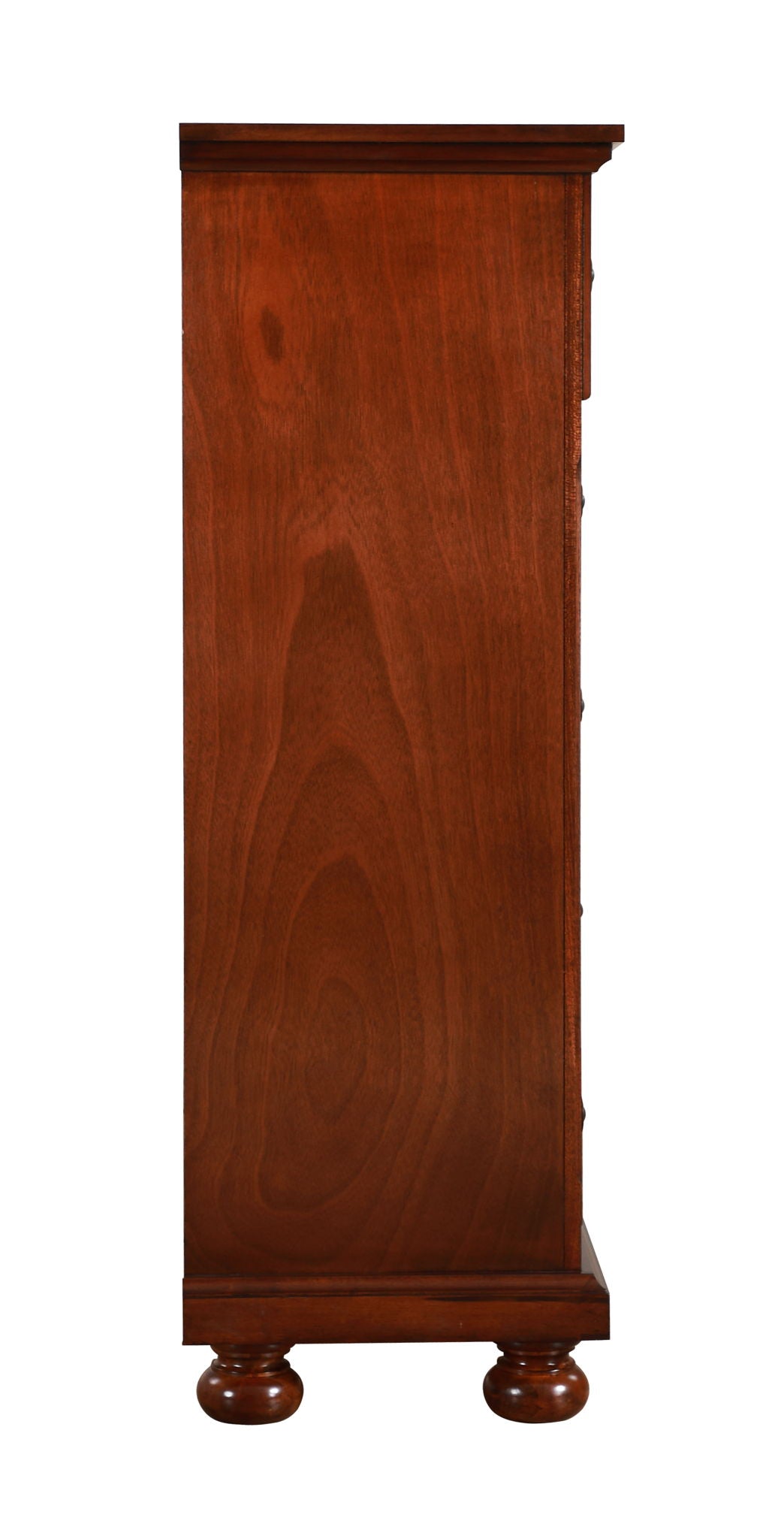 Side view of the Meade - Chest - Cherry shows its smooth, polished wooden surface with distinct cherry wood grain and four rounded feet. Upright position with no visible handles or drawers from this angle.