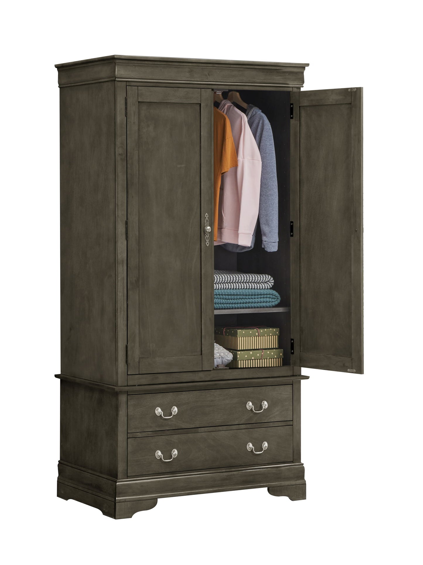 The Elegant Traditional Armoire features two wooden doors—one open to display hanging clothes, folded blankets, and two storage boxes on its shelves. Two bottom drawers with silver handles complete this classic design.