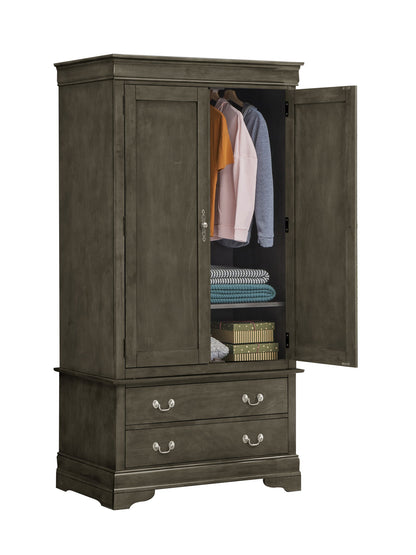 The Elegant Traditional Armoire features two wooden doors—one open to display hanging clothes, folded blankets, and two storage boxes on its shelves. Two bottom drawers with silver handles complete this classic design.