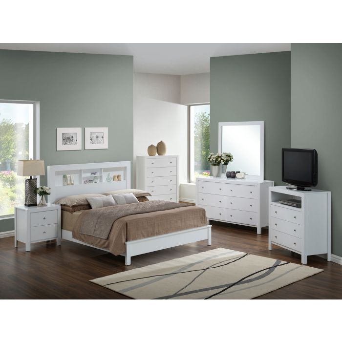 A modern bedroom features a Bed With Transitional Design Stylish in white with brown bedding, two matching nightstands, a dresser with mirror, a TV on a chest, light rug, large windows, green walls, and wooden floors.