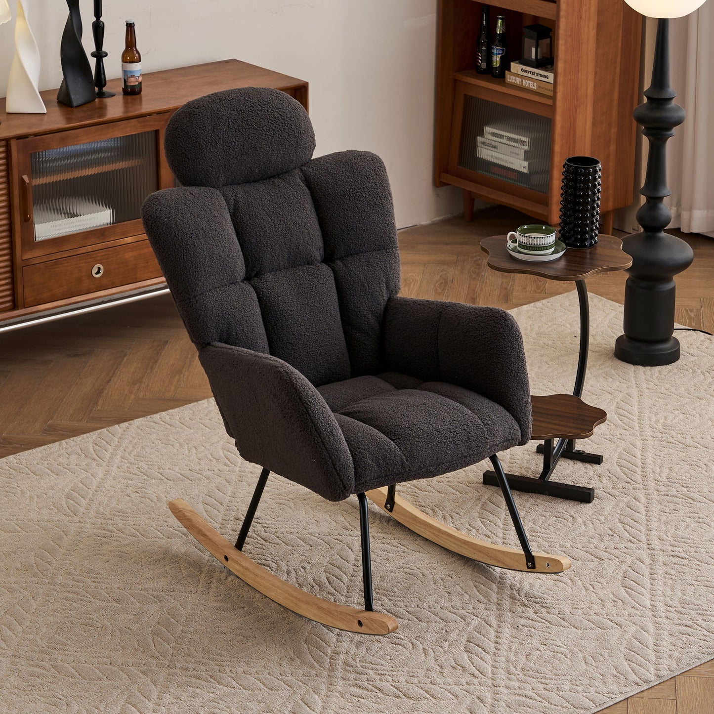 Contemporary Teddy Fabric Upholstered Nursery Rocking Glider Chair With High Backrest And Pillow