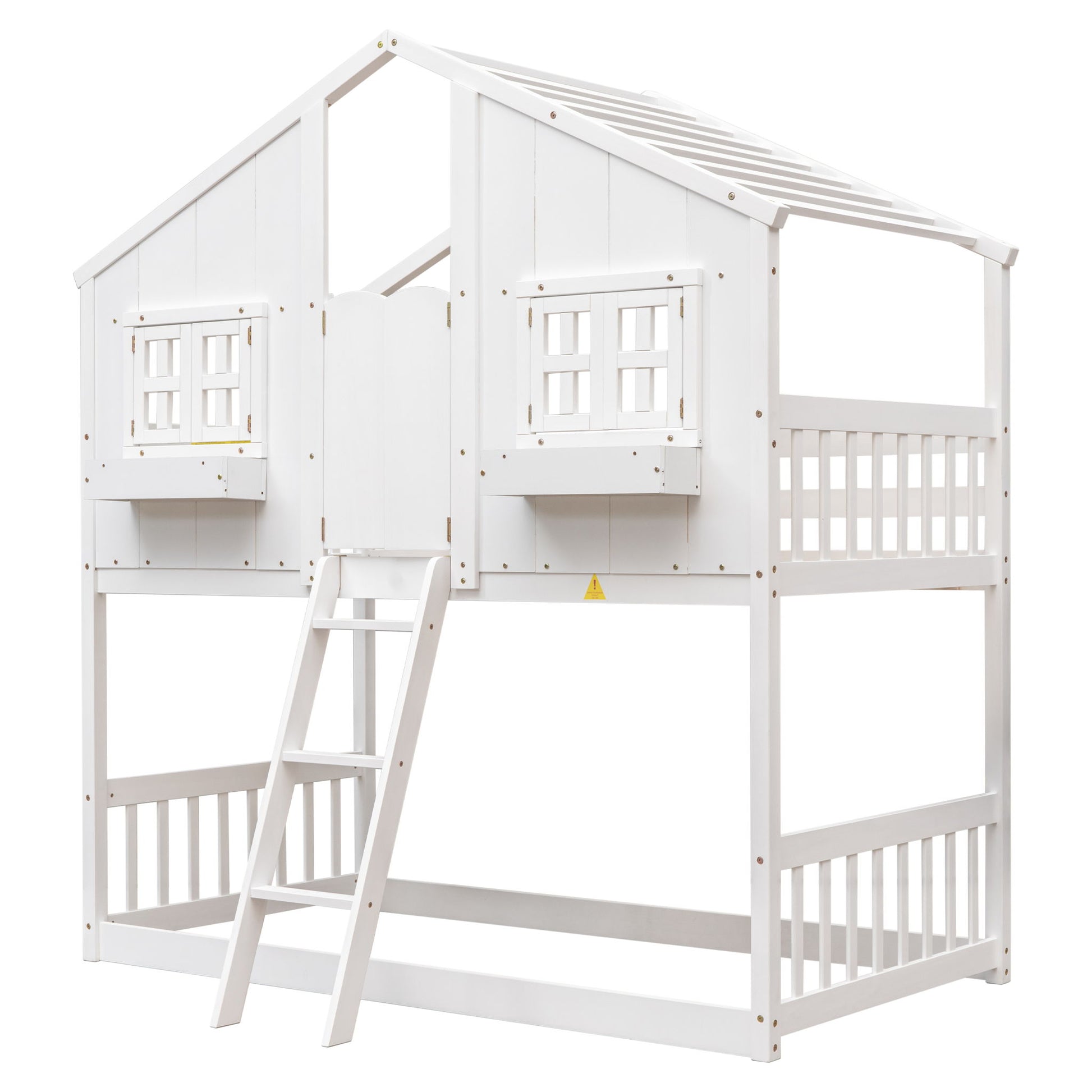 The House Bunk Bed features a roof, window, window box, door, safety guardrails on both tiers, and a ladder for easy access.