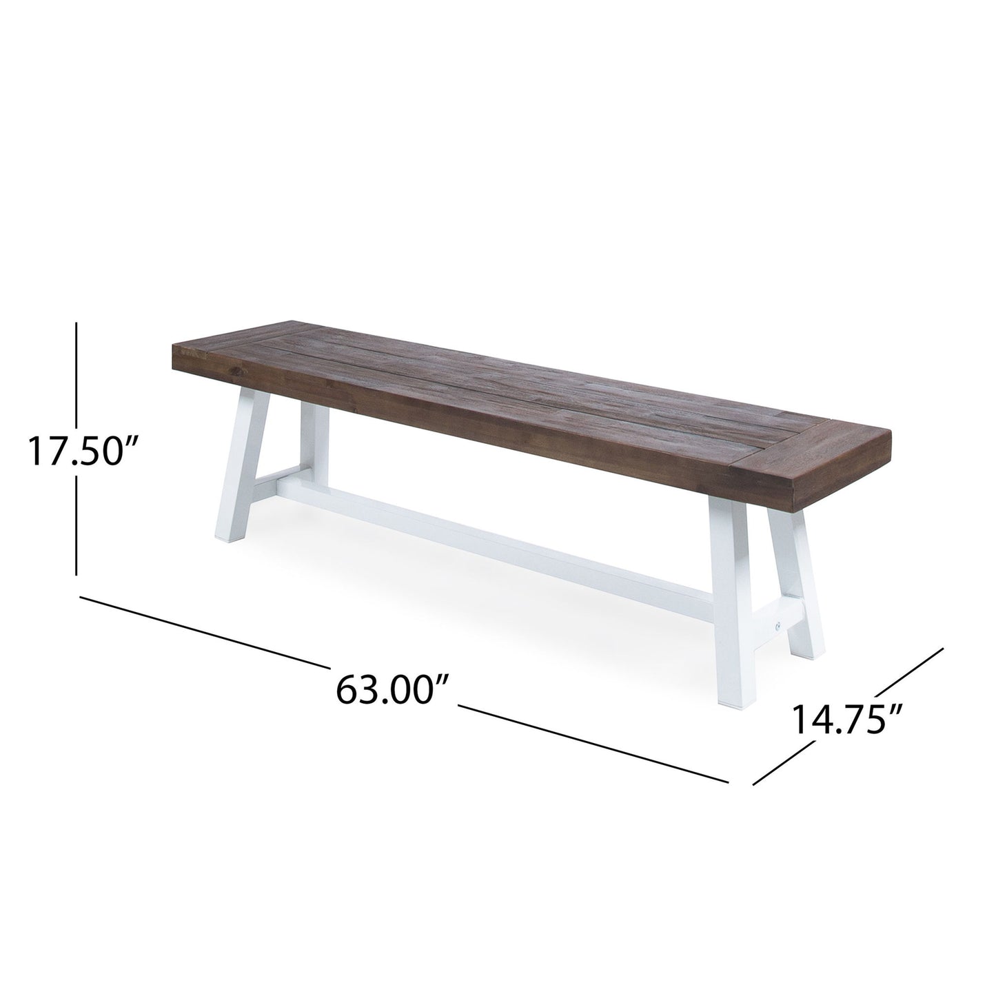 The Tranquilizer Outdoor Acacia Wood Bench features a slat panel design, a dark brown top, and white legs. It measures 63"L x 14.75"D x 17.5"H, making it an ideal choice for stylish outdoor seating.