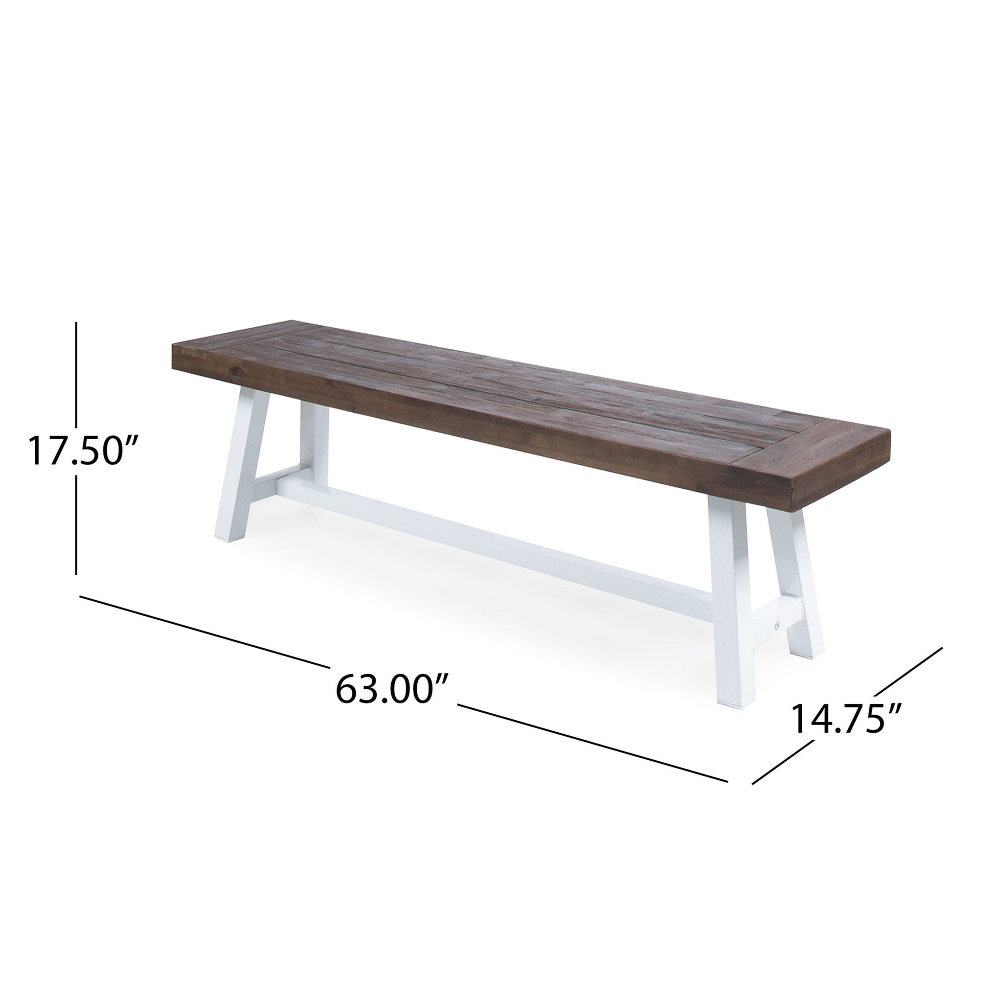 The Tranquilizer Outdoor Acacia Wood Bench features a slat panel design, a dark brown top, and white legs. It measures 63"L x 14.75"D x 17.5"H, making it an ideal choice for stylish outdoor seating.