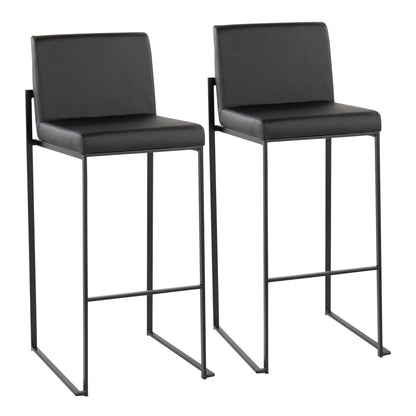 The Fuji Contemporary High Back Barstool features a modern black finish, square seat, metal legs with connecting footrests, and a sleek minimalist design with a high rectangular back.