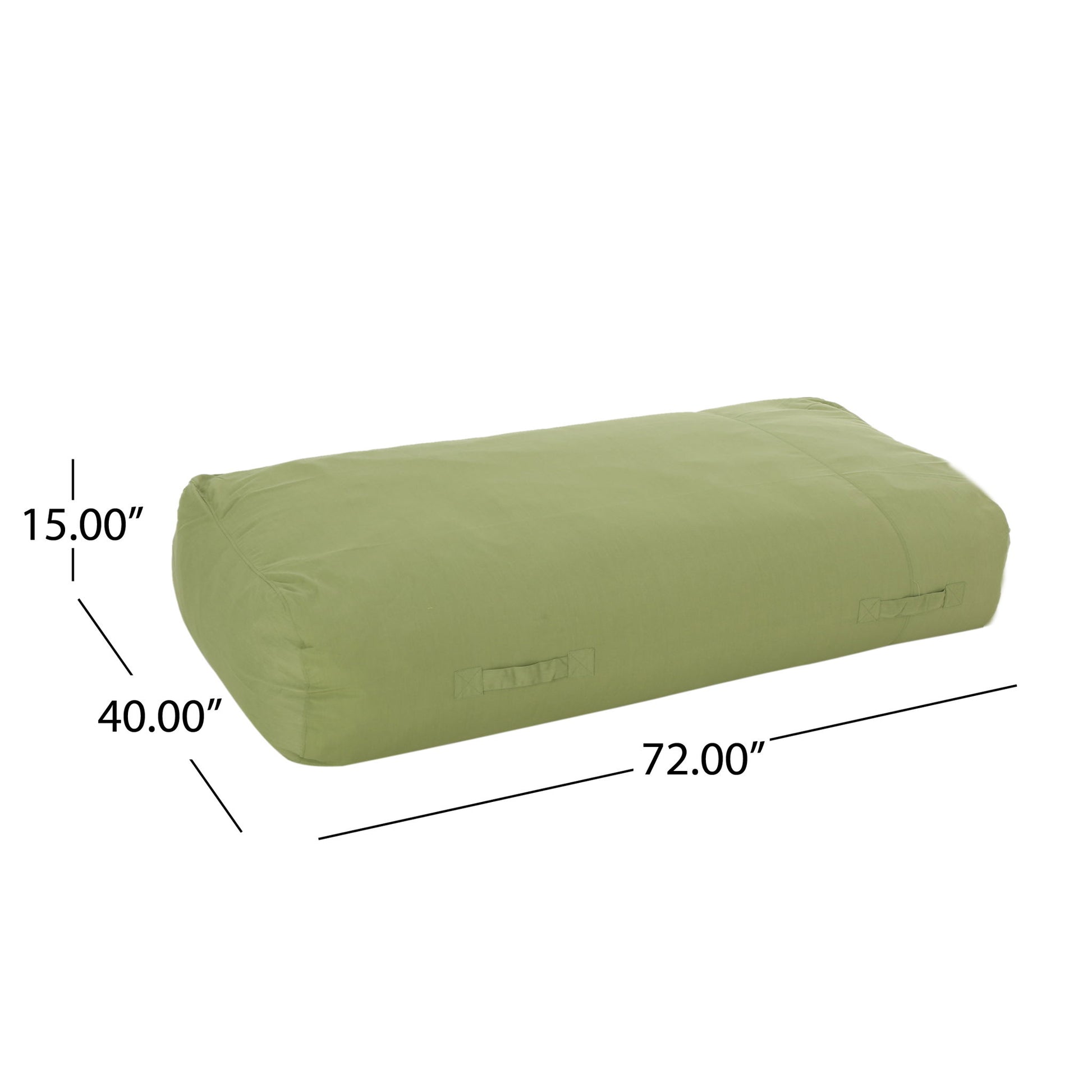 The Kasper Water Resistant Lounger Bean Bag is a large, rectangular green bean bag measuring 15" tall, 40" wide, and 72" long, and features side handles for easy carrying.