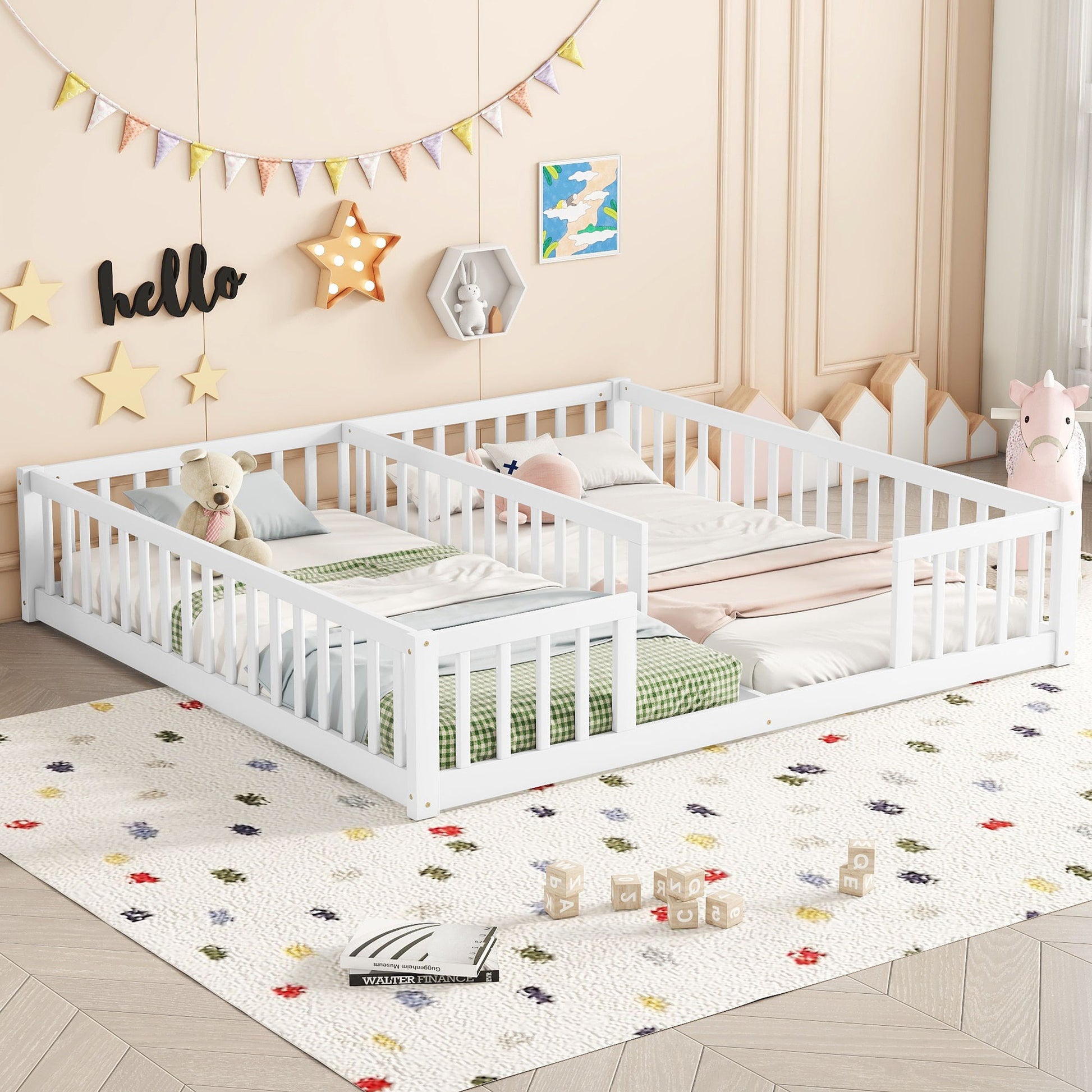 A cozy kids' bedroom featuring the Double Floor Bed With Fence, Guardrails, Without Door, colorful bunting, star and "hello" wall decor, stuffed animals, soft bedding, a plush unicorn toy, a patterned rug, and blocks on the floor.
